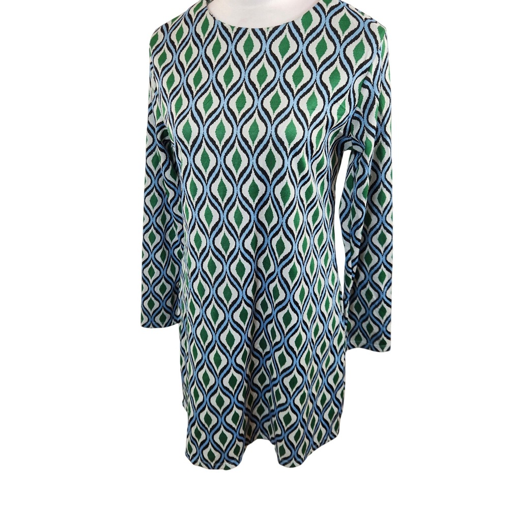 ZARA Geometric Print Long Sleeve Shift Mini Dress Women Size Large‎ Green & Blue